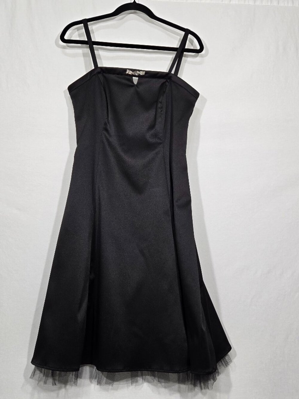 Vintage Y2K Black SATIN Square Neckline Flowy Skirt Tulle Trim Midi Dress Sz. 8P